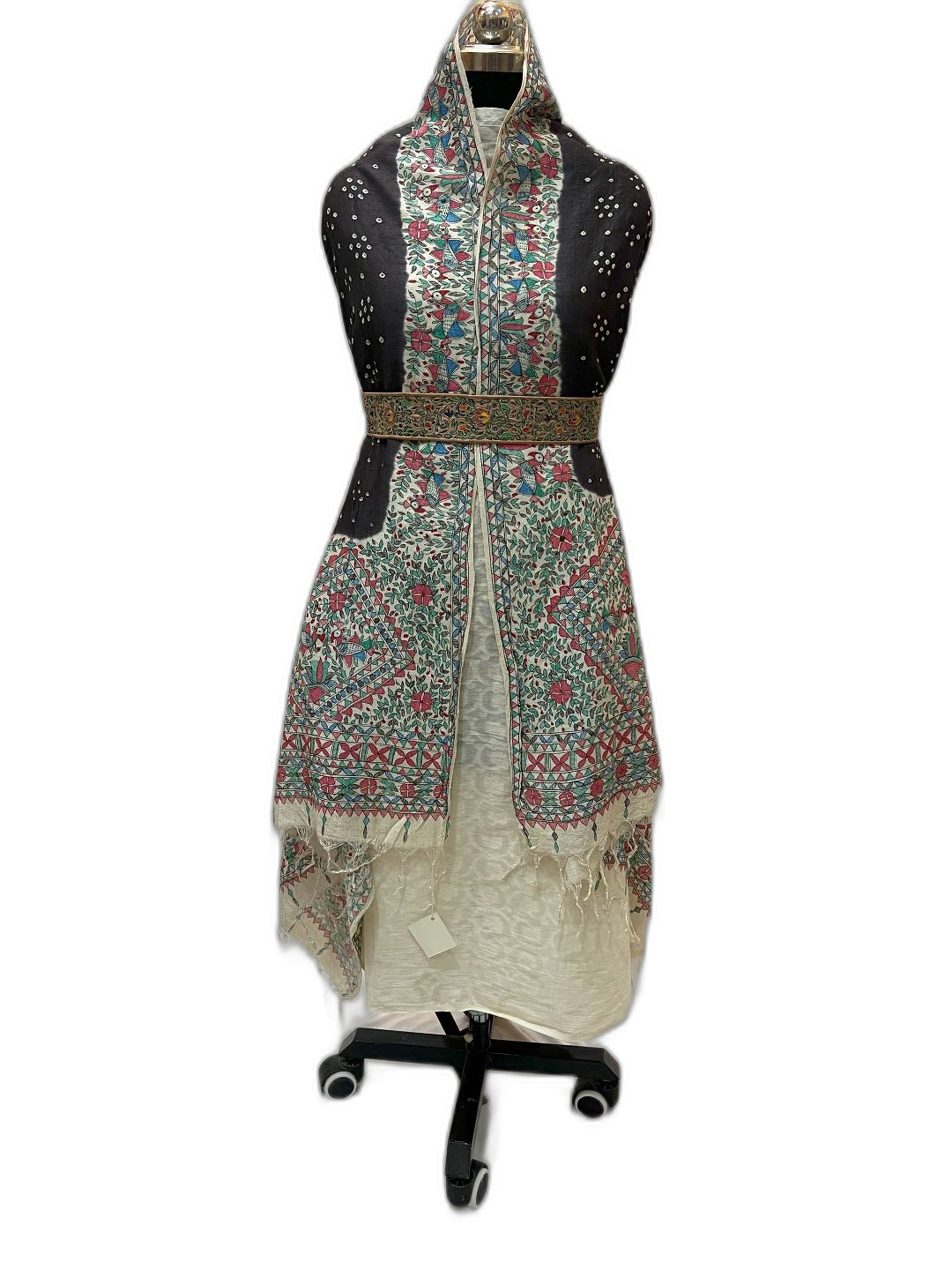 Hand-Painted Madhubani Bandhani Dupatta in Black